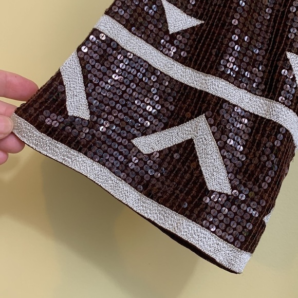 Vintage Fully Sequined Silk Brown White Aztec Design Surplice Tunic Dress XS - Picture 8 of 17